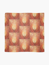 Load image into Gallery viewer, Abstract painting of an orange and yellow flame with gold leaf detail large 140 x 140cm scarf / wrap / shawl
