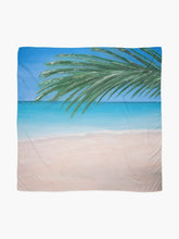 Load image into Gallery viewer, Original painting of a tranquil tropical beach with palm leaves on a large square 140x140cm scarf / wrap / shawl