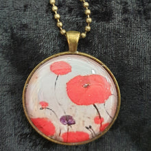 Load image into Gallery viewer, 38mm Bronze Pendant &amp; Chain - Original painting of red poppies with an abstract background
