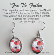 Load image into Gallery viewer, Original painting of red poppies with an abstract background on surgical steel 13 x 18mm oval earrings
