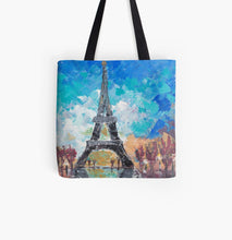 Load image into Gallery viewer, Original impressionistic painting of the Eiffel Tower on a 41 x 41cm tote bag