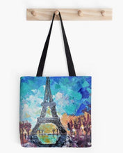 Load image into Gallery viewer, Original impressionistic painting of the Eiffel Tower on a 41 x 41cm tote bag