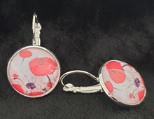Load image into Gallery viewer, Original painting of red poppies with an abstract background on 18mm silver coloured clasp earrings