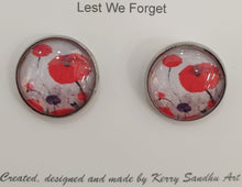 Load image into Gallery viewer, Original painting of red poppies with an abstract background on 16mm surgical steel stud earrings