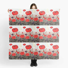 Load image into Gallery viewer, Original painting of red poppies with an abstract background on a large square 140 x 140cm scarf / warp / shawl