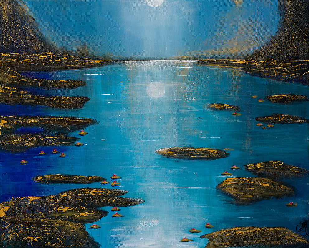 Original painting of a mystical moon reflecting on water by Kerry Sandhu Art