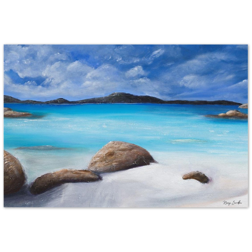 Painting of a tranquil ocean/ beach scene in Denmark, South West Western Australia aluminium print available in various sizes