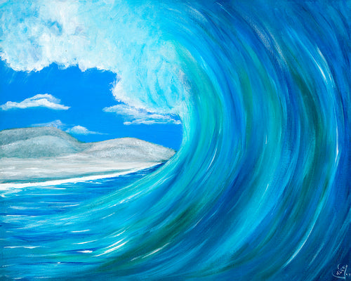Original painting of a tubular blue and turquoise wave about to crash by Kerry Sandhu Art