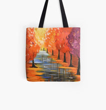 Load image into Gallery viewer, original painting of autumn / fall coloured leaves and trees with water reflections on a 41 x 41cm tote bag