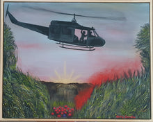 Load image into Gallery viewer, Original Artwork painted ANZAC Day 2022. A Huey helicopter hovering over red smoke and poppies in Vietnam by Kerry Sandhu Art
