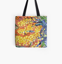 Load image into Gallery viewer, Original painting of part of a golden wattle tree on a 41 x 41cm tote bag

