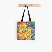 Load image into Gallery viewer,  Original painting of part of a golden wattle tree on a 41 x 41cm tote bag
