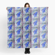 Load image into Gallery viewer, Blue butterfly on a purple flower with coloured bokeh lights behind on a large 140 x 140cm scarf / wrap / shawl
