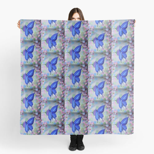Blue butterfly on a purple flower with coloured bokeh lights behind on a large 140 x 140cm scarf / wrap / shawl