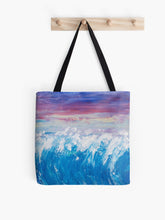 Load image into Gallery viewer, Impressionistic original painting of waves and a sunset on a 41 x 41cm tote bag
