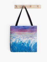 Load image into Gallery viewer, Impressionistic original painting of waves and a sunset on a 41 x 41cm tote bag