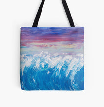 Load image into Gallery viewer, Impressionistic original painting of waves and a sunset on a 41 x 41cm tote bag