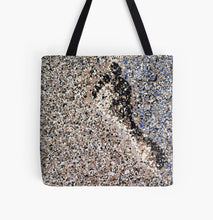Load image into Gallery viewer, Original mixed media artwork of a footprint in the sand on a 41 x 41cm tote bag