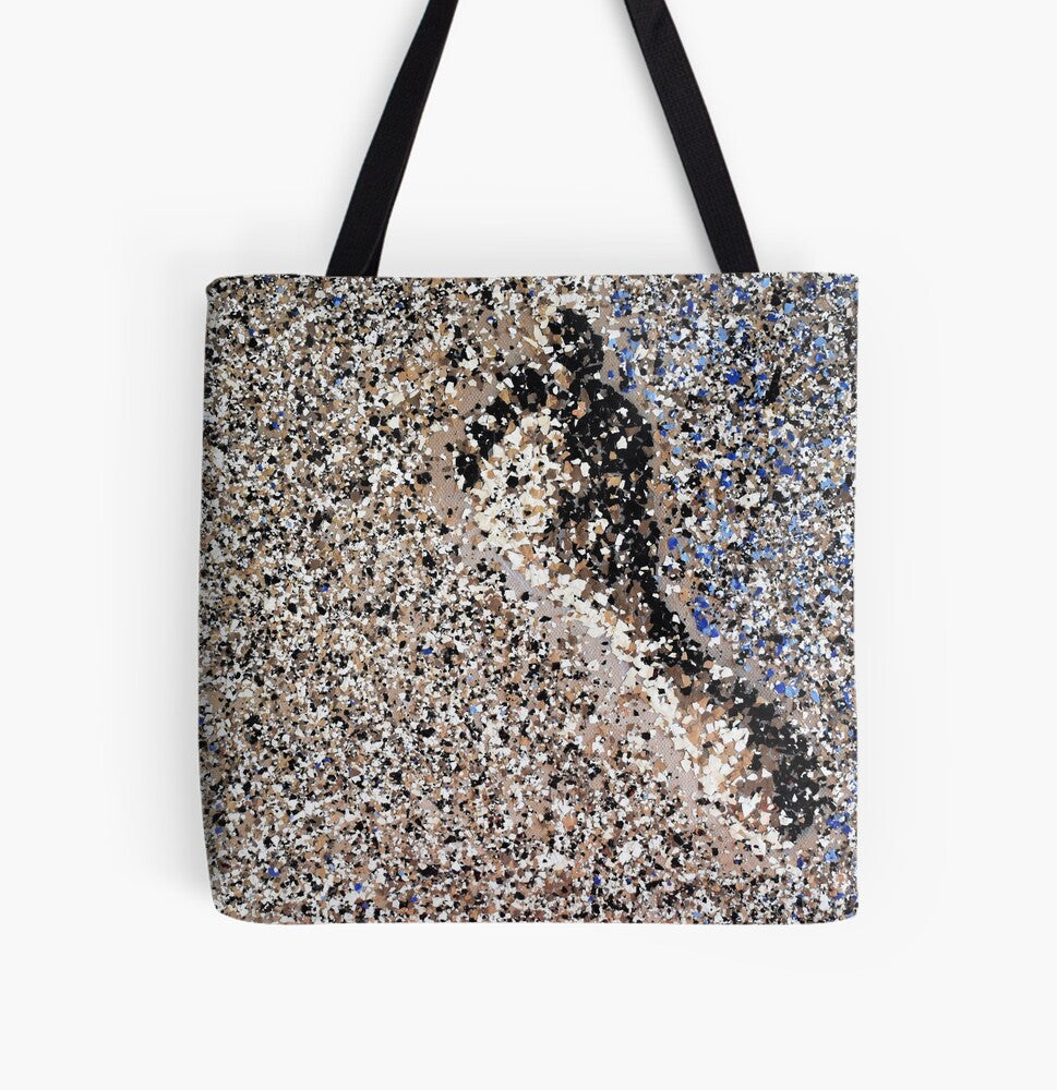 Original mixed media artwork of a footprint in the sand on a 41 x 41cm tote bag