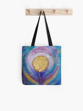 Load image into Gallery viewer, Original painting of a colourful abstract flower with gold leaf on a 41 x 41cm tote bag