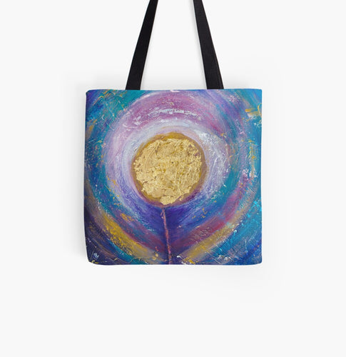 Original painting of a colourful abstract flower with gold leaf on a 41 x 41cm tote bag