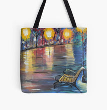 Load image into Gallery viewer, Original painting of a park bench under a street light with water reflections on a 41 x 41cm tote bag