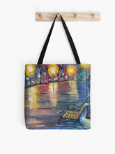 Load image into Gallery viewer, Original painting of a park bench under a street light with water reflections on a 41 x 41cm tote bag
