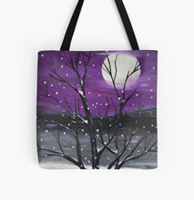 Load image into Gallery viewer, Snow scape scene with a full moon, a black tree on a 41cm x 41cm tote bag