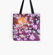 Load image into Gallery viewer, Original painting of a sun filtering through a cherry blossom tree on a 41 x 41cm tote bag