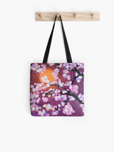 Load image into Gallery viewer, Original painting of a sun filtering through a cherry blossom tree on a 41 x 41cm tote bag
