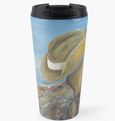 ANZAC Day of a Digger's slouch hat resting on a gun with an ANZAC inspired Crest on an insulated stainless steel travel mug