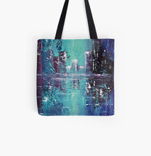 Load image into Gallery viewer, Original abstract painting of a cityscape with reflections in blues, teals and purples on a 41 x 41cm tote bag