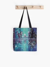 Load image into Gallery viewer, Original abstract painting of a cityscape with reflections in blues, teals and purples on a 41 x 41cm tote bag
