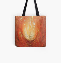 Load image into Gallery viewer, Abstract painting of an orange and yellow flame with gold leaf detail 33 x 33cm tote bag