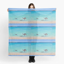 Load image into Gallery viewer, Emu family taking a swim at a gorgeous calm turquoise beach in Denham Western Australia 140x140cm scarf/wrap/shawl