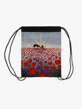 Load image into Gallery viewer, Sunrise, silhouette of soldier with horse drinking from a hat, a field of red &amp; purple poppies on a drawstring bag
