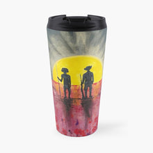 Load image into Gallery viewer, Abstract Aboriginal flag, silhouette Aboriginal holding spear, soldier holding gun, red poppies. Insulated s/steel travel mug