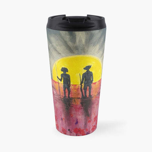 Abstract Aboriginal flag, silhouette Aboriginal holding spear, soldier holding gun, red poppies. Insulated s/steel travel mug