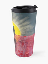 Load image into Gallery viewer, Abstract Aboriginal flag, silhouette Aboriginal holding spear, soldier holding gun, red poppies. Insulated s/steel travel mug