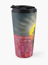 Load image into Gallery viewer, Abstract Aboriginal flag, silhouette Aboriginal holding spear, soldier holding gun, red poppies. Insulated s/steel travel mug