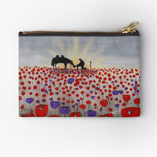 Load image into Gallery viewer, Sunrise, silhouette of soldier with horse drinking from a hat, a field of red & purple poppies - 3 sizes of zipper pouches