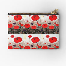Load image into Gallery viewer, Original painting of red poppies with an abstract background on three sizes of zipper pouches
