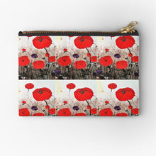 Load image into Gallery viewer, Original painting of red poppies with an abstract background on three sizes of zipper pouches
