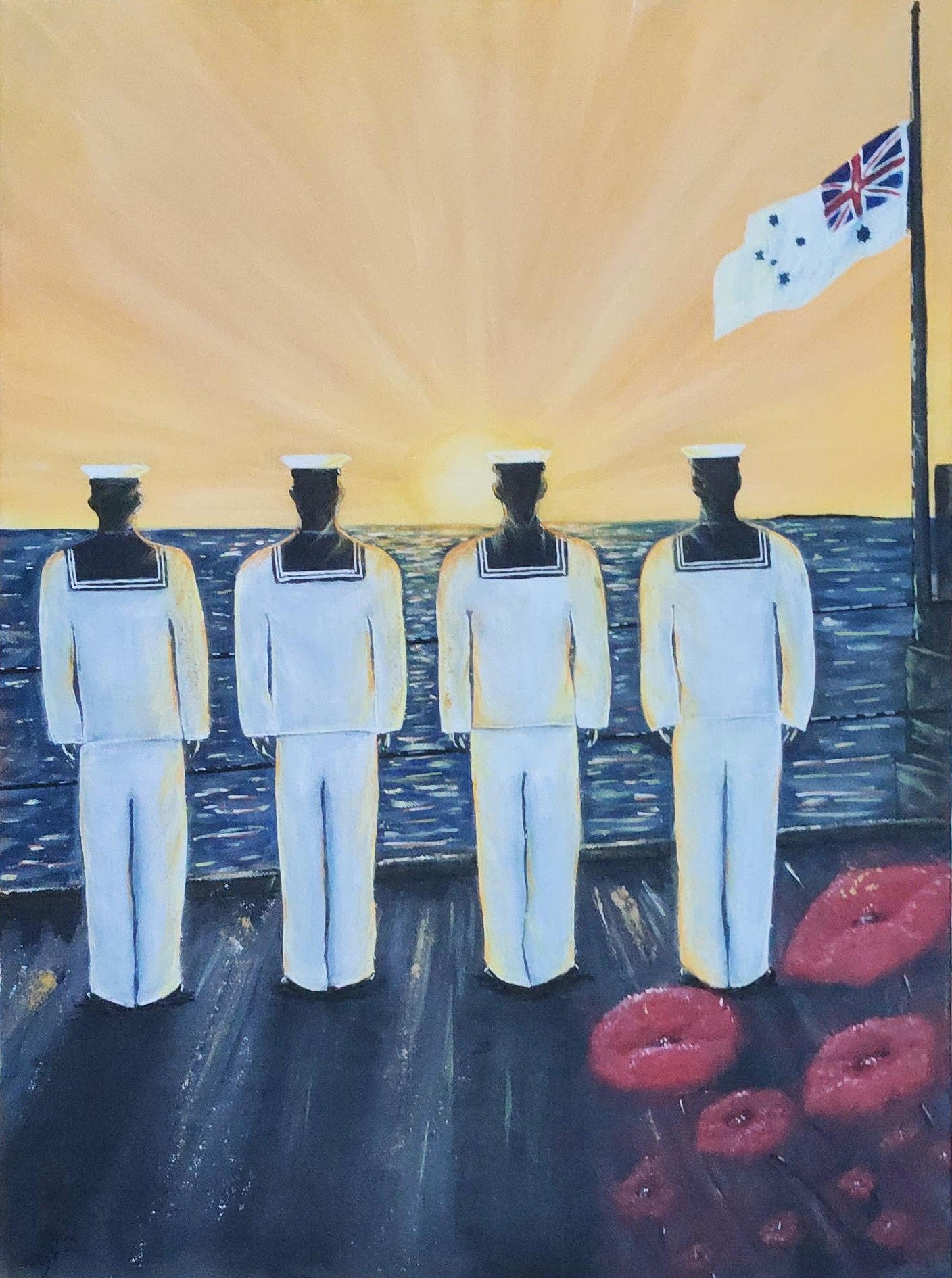 We Will Remember Them ANZAC commemorative painting by Kerry Sandhu featuring four silhouetted sailors at dawn with red poppies and the Australian White Ensign.