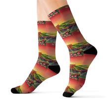 Load image into Gallery viewer, Step out in style with these funky socks! 3 sizes. Ribbed tube, cushioned bottoms, sublimated print by Kerry Sandhu Art
