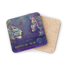 Load image into Gallery viewer, Corkwood underside, glossy finish top. 1 or 4 pc sets. 9.5x9.5cm. Female looking at lion w/ the words &quot;Remember who you are&quot;
