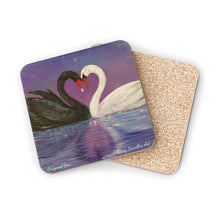 Load image into Gallery viewer, Corkwood underside, glossy finish on top. 1 or 4 pc sets. 9.5x9.5cm. Black &amp; white swans touching heads creating a love heart
