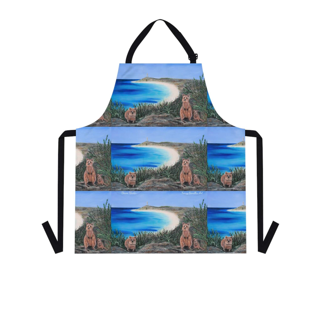 Apron - lightweight, silky finish 100% polyester, two front pockets. Many original artwork designs by Kerry Sandhu Art