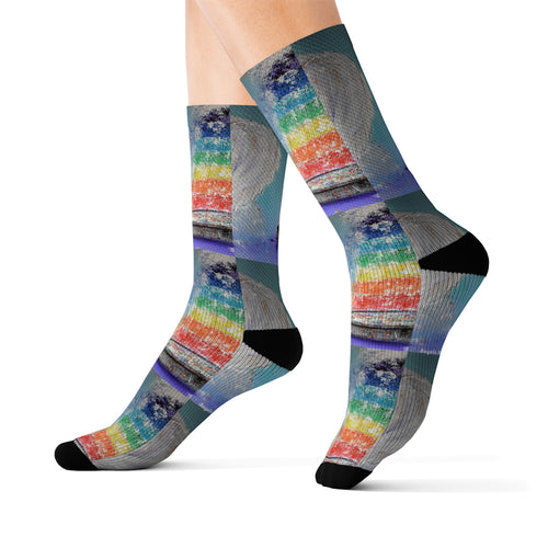 Step out in style with these funky socks! 3 sizes. Ribbed tube, cushioned bottoms, sublimated print by Kerry Sandhu Art
