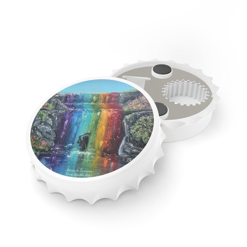 Plastic exterior w/ metallic bottom, magnetic back, 2 different opening mechanisms, matte finish. Art by Kerry Sandhu Art